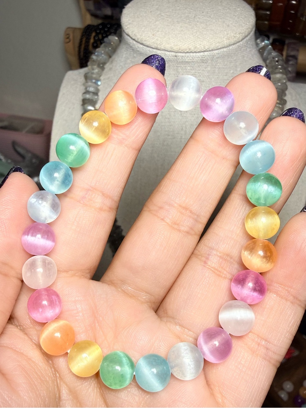 8mm Rainbow Selenite Bracelet Colorful Selenite Stretch Bracelet - Picture 3 of 3
